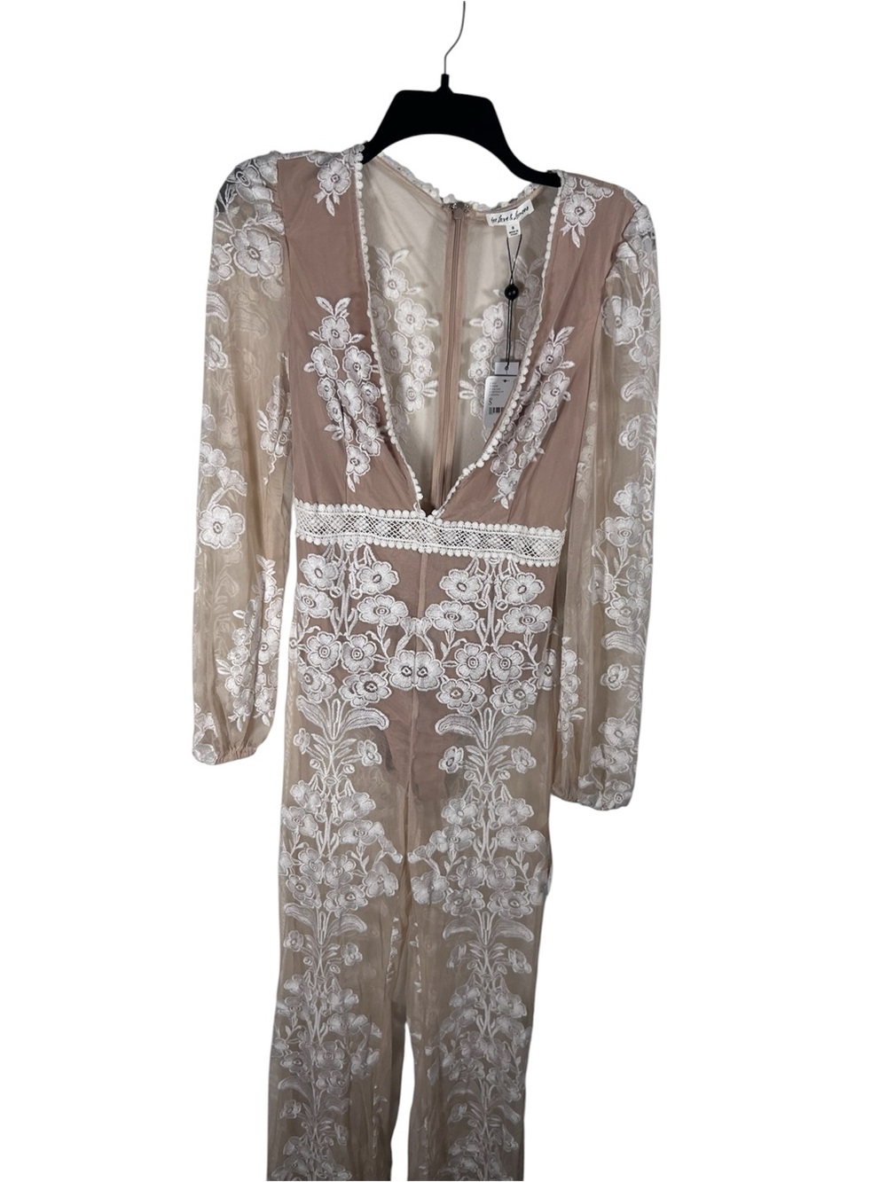 For Love & Lemons Nude Sheer Lace Jumpsuit with White Floral Embroidery Size S